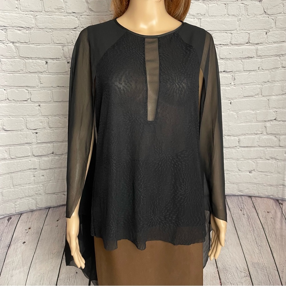 Halston Heritage Black Lace Chiffon Split Sleeve Blouse Size 10